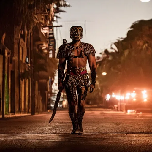 Image similar to empty street, mayan jaguar warrior, portrait, at night, by addy campbell, cinematography by quetzalcoatl