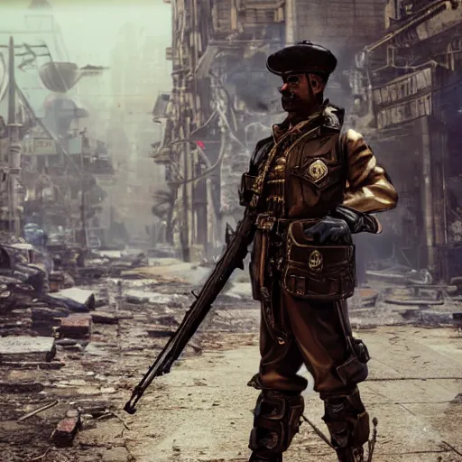 Image similar to detailed steampunk soldier with carrying a steampunk-cyberpunk energy rifle in his arms, standing in front of a dilapidated advanced city with citizens walking, 4k, Unreal Engine, octane render