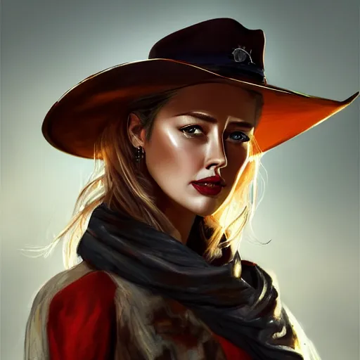 Prompt: a portrait of amber heard with a cowboy hat on with an American flag scarf, D&D, sci-fi, elegant, hopeful, muscular, highly detailed, digital painting, artstation, concept art, smooth, sharp focus, illustration