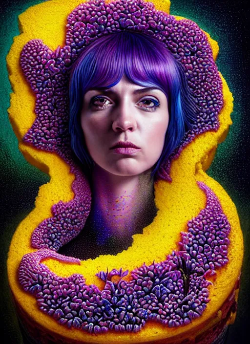 Image similar to hyper detailed 3d render like a Oil painting - Ramona Flowers with black hair in thick mascara seen Eating of the Strangling network of colorful yellowcake and aerochrome and milky Fruit and Her delicate Hands hold of gossamer polyp blossoms bring iridescent fungal flowers whose spores black the foolish stars by Jacek Yerka, Mariusz Lewandowski, Houdini algorithmic generative render, Abstract brush strokes, Masterpiece, Edward Hopper and James Gilleard, Zdzislaw Beksinski, Mark Ryden, Wolfgang Lettl, Dan Hiller, hints of Yayoi Kasuma, octane render, 8k