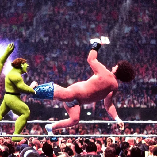 Prompt: shrek vs andre the giant at wrestlemania 8, dramatic lighting, 8k , WWE poster