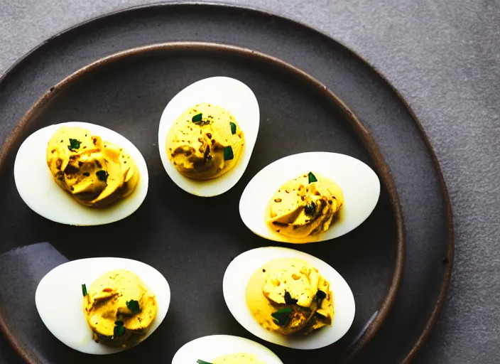 Prompt: dslr food photograph of a deviled eggs, 8 5 mm f 1. 8