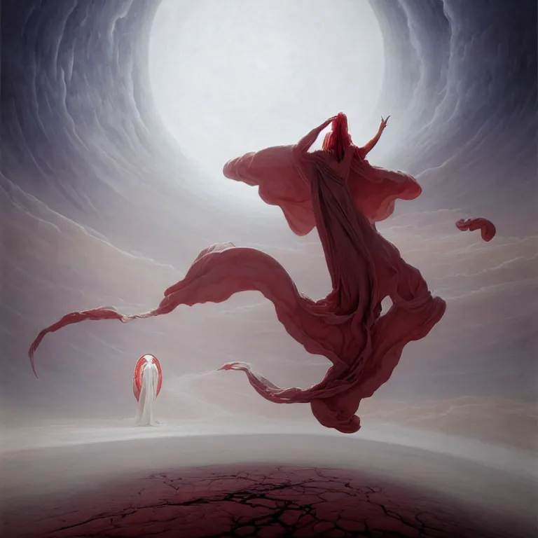Image similar to one lone singular swirling otherworldly angel shrouded in red robes emerges from extensive barren white dunescape, matte painting by peter mohrbacher and filip hodas, background basilica sacrecoeur by hugh ferriss, godrays, high contrast, highly detailed, a