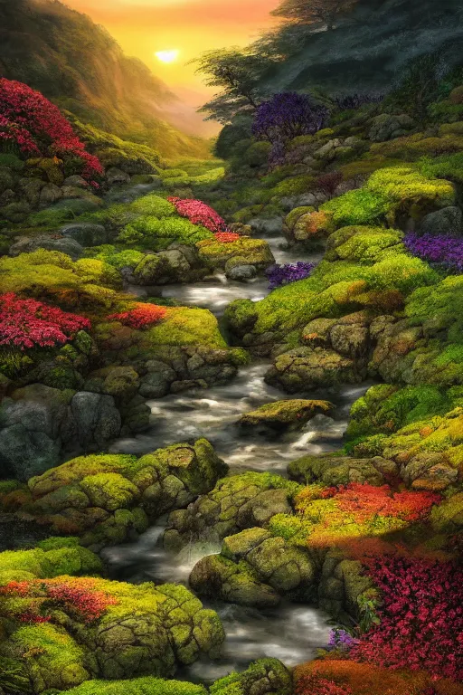 Image similar to matte painting of sunrise at the end of a verdant flower valley. A rocky stream runs along the valley floor. Beautiful swirling sunrise colours. Cyril Roland naomi okubo.