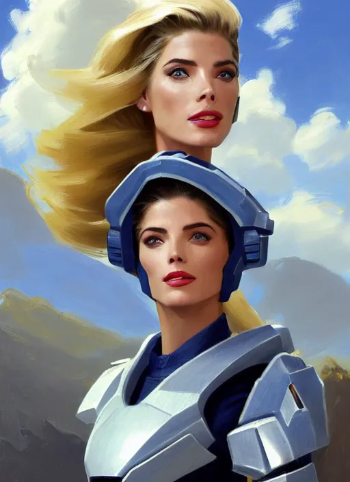 Image similar to A combination of Adriana Dxim's and Grace Kelly's and Ashley Greene's appearances with blonde hair wearing Forerunner armor from Halo, countryside, calm, fantasy character portrait, dynamic pose, above view, sunny day, thunder clouds in the sky, artwork by Jeremy Lipkin and Giuseppe Dangelico Pino and Michael Garmash and Rob Rey and Greg Manchess and Huang Guangjian, very coherent asymmetrical artwork, sharp edges, perfect face, simple form, 100mm