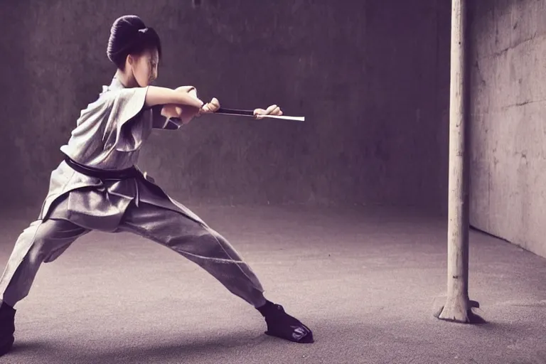 Prompt: beautiful photo of a young modern geisha samurai warrior practising the sword, mid action swing, beautiful eyes, shining silver katana sword, award winning photo, muted pastels, action photography, 1 / 1 2 5 shutter speed, dramatic lighting