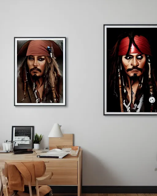 Image similar to a detailed poster in white frame hanging on the wooden wall, portrait of captain jack sparrow, in the style of ilya kuvshinov, rossdraws, wlop