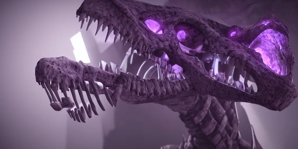 Prompt: full shot portrait of cute dinosaur skeleton in crystal cave, detailed, unreal engine 4k volumetric light, fog, purple color palette