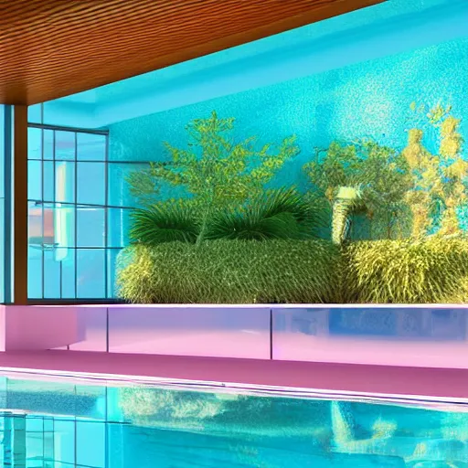 Image similar to A sunlit indoor lounge area with a pool with clear water and another pool with translucent pastel pink water, next to a big window, digital art