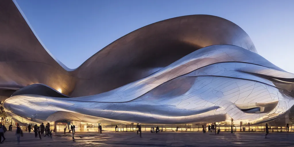 Image similar to extremely elegant smooth detailed stunning sophisticated beautiful elegant futuristic museum exterior by Zaha Hadid, smooth curvilinear design, stunning volumetric light, stainless steel, concrete, translucent material, beautiful sunset, tail lights