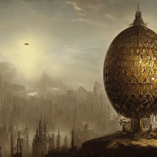 Image similar to enormous flying city in a faberge egg, sky, steampunk, fantasy art, masterpiece, hugh ferriss, unreal engine, andreas achenbach cloudy background, latticework