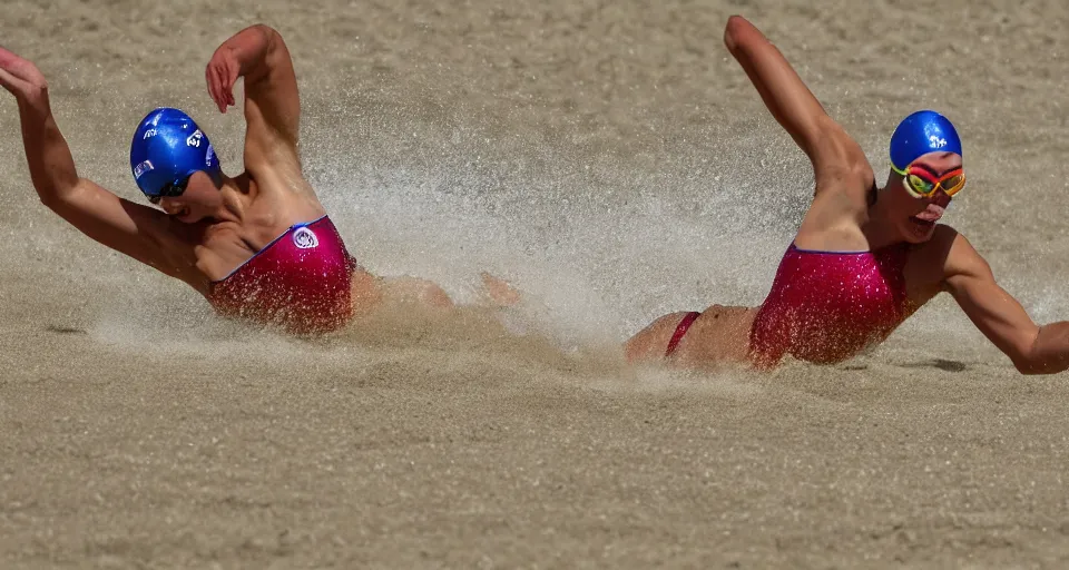 Image similar to olympic swimming in sand instead of water, extremely coherent, motion blur