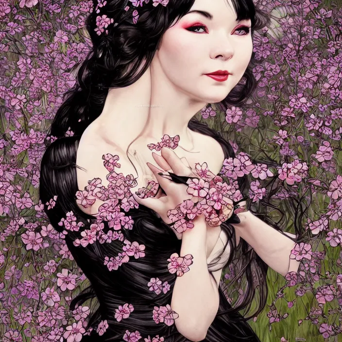 Prompt: a photograpic portrait of a anthropomorphic bjork cherry - blossom wearing black cyber dress, fantasy, intricate, elegant, highly detailed, digital painting, artstation, concept art, smooth, sharp focus, illustration, art by artgerm and h r giger and alphonse mucha