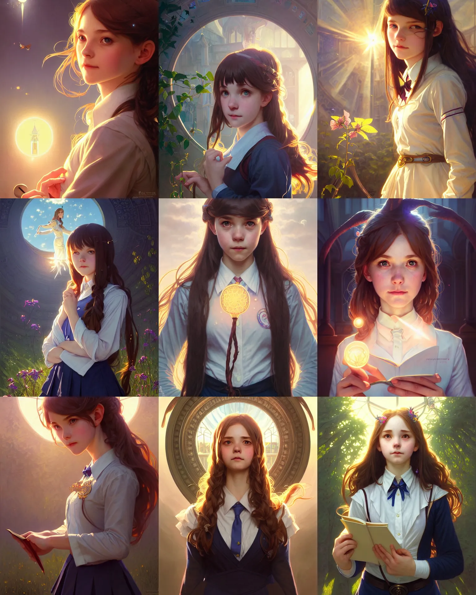 Prompt: portrait of an innocent lost college girl, magic school uniform, fantasy building, intricate, sharp focus, lens flare, bloom, rim light, illustration, highly detailed, digital painting, concept art, matte, art by wlop and artgerm and greg rutkowski and alphonse mucha, masterpiece