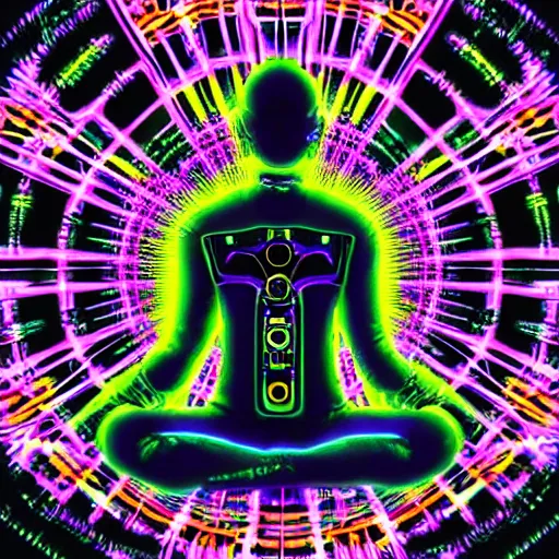 Image similar to photo of a black tshirt with a hyperdetailed portrait of a futuristic psychedelic meditating robot, 8 k, symetrical, flourescent colors, halluzinogenic, multicolored tshirt art,