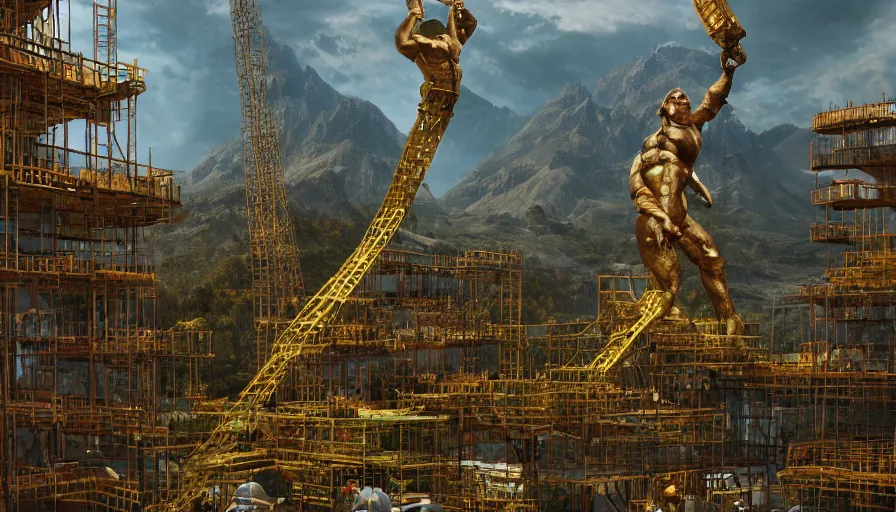 Prompt: dwarves building a giant golden statue with scaffolding in the heart of green mountains,, hyperdetailed, artstation, cgsociety, 8 k