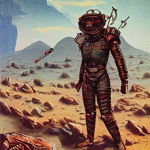 Image similar to sardaukar warrior in mars ruins, vintage sci - fi art, by ed emschwiller