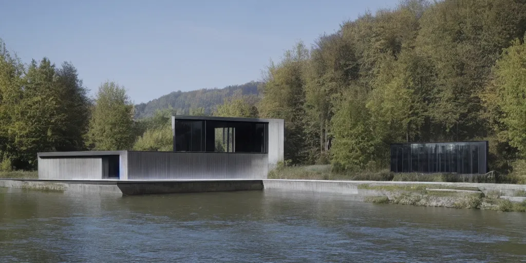 Image similar to a house by the river rhein close to mumpf designed by peter zumthor, beautiful ambient light, silver hour