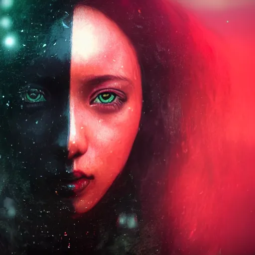 Prompt: masterpiece portrait of an aesthetic beautiful realistic black haired woman protester, 3 0 years old woman, mid long hair, black eyed, cinematic light, digital painting by wlop, atmospheric red effects, sparkles, 4 k, octane render, artstation, deviantart, large view, red color scheme, revolution, motion blur