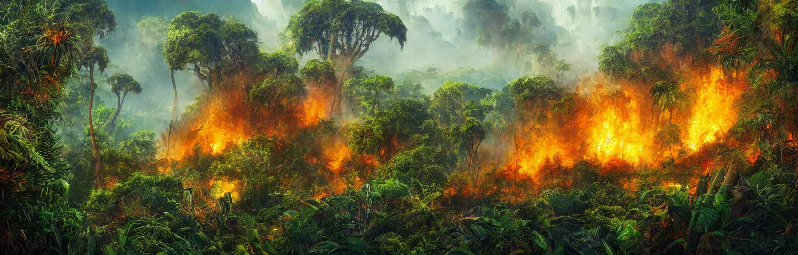 Prompt: painting of a jungle on fire!! scene on an alien planet by vincent bons. ultra sharp high quality digital render. detailed. beautiful landscape. weird vegetation. water.