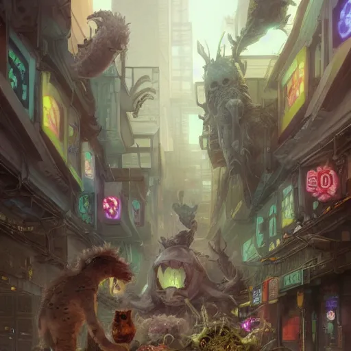 Prompt: crazy monsters, furry creatures, monster emotional monsters and creatures in the cyberpunk wrecked city, wrestling each other in the style of Johfra and Shaun Tan, By Ruan Jia and Artgerm and Range Murata and WLOP and Ross Tran and William-Adolphe Bouguereau and Beeple, Fantasy Illustration. octane render, award winning, Artstation, intricate details, realistic, Hyperdetailed, 8k resolution.