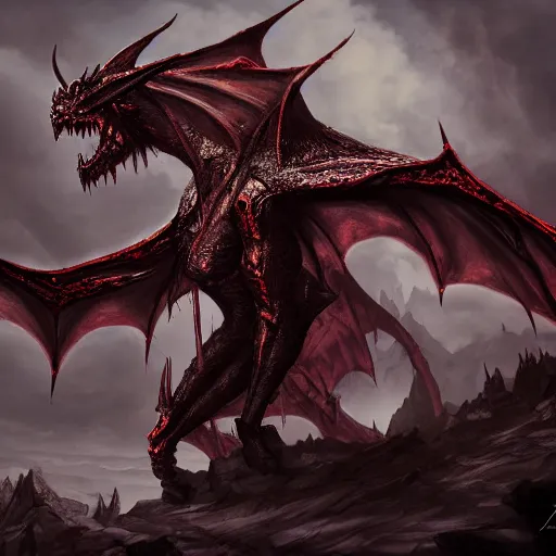 Image similar to dark fantasy concept of a vampire dragon god, with dark matter and molten armor on a mountain, cinematic, dynamic lighting, photorealistic, ultra detailed, trending on art station, stunning visuals, creative, hyper detailed