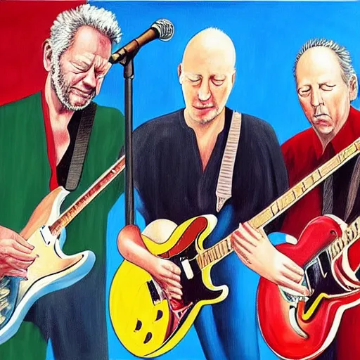 Image similar to “David Gilmour, Eric Clapton, Mark Knopfler and BB King playing guitar together, oil painting, 4k”