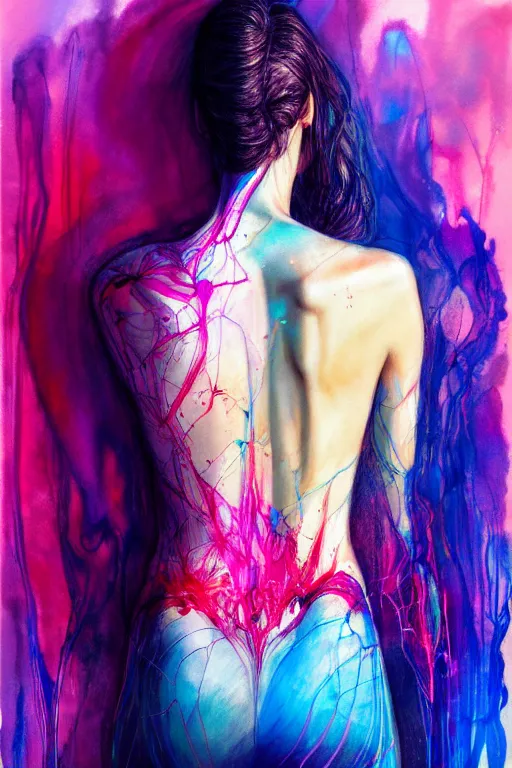 Image similar to gal gadot by agnes cecile enki bilal moebius, intricated details, 3 / 4 back view, full body portrait, extremely luminous bright design, pastel colours, drips, autumn lights