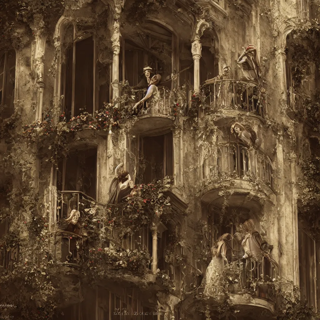 Prompt: Romeo and Juliet, balcony scene, played by humanoide andorids, digital art, cinematic, 4k, highly detalied, dramatic, steam punk