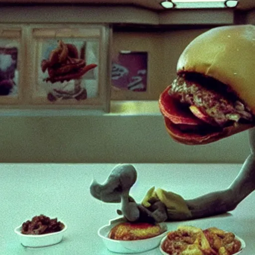 Image similar to the strange cheeseburger creature at the fast food place, film still from the movie directed by denis villeneuve and david cronenberg with art direction by salvador dali and zdzisław beksinski, wide lens