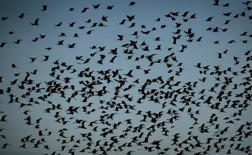 Prompt: low angle photo of a flock of birds scene from the travel plaza window, scene from being john malcovich film directed by charlie kaufman ( 2 0 0 1 ), moody cinematography and lighting, 2 4 mm anamorphic lens