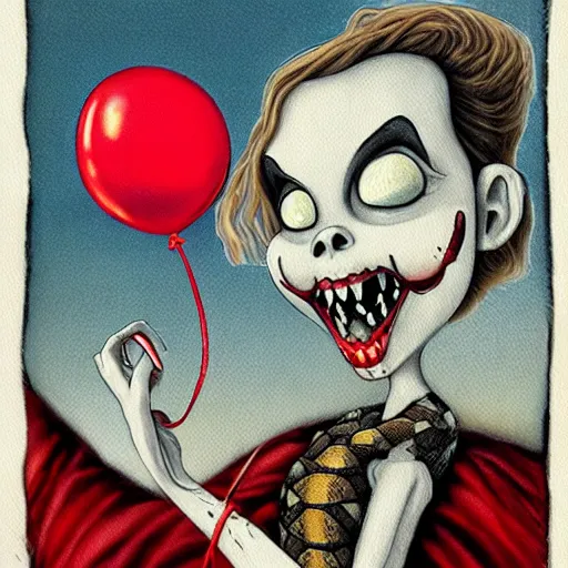 Prompt: grunge cartoon painting of a snake with a wide smile and a red balloon by chris leib, loony toons style, pennywise style, corpse bride style, horror theme, detailed, elegant, intricate