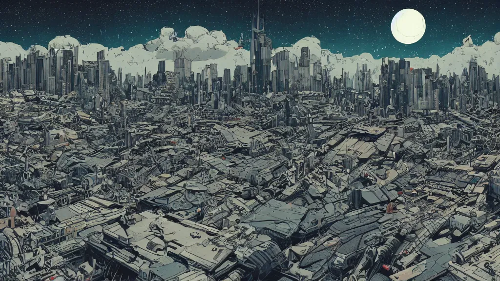 Image similar to very detailed, prophet graphic novel, ilya kuvshinov, mcbess, rutkowski, simon roy, illustration of decrepit arcologies skyline dystopian megacity with space junk floating in the sky on a dead planet earth, wide shot, colorful, deep shadows, astrophotography