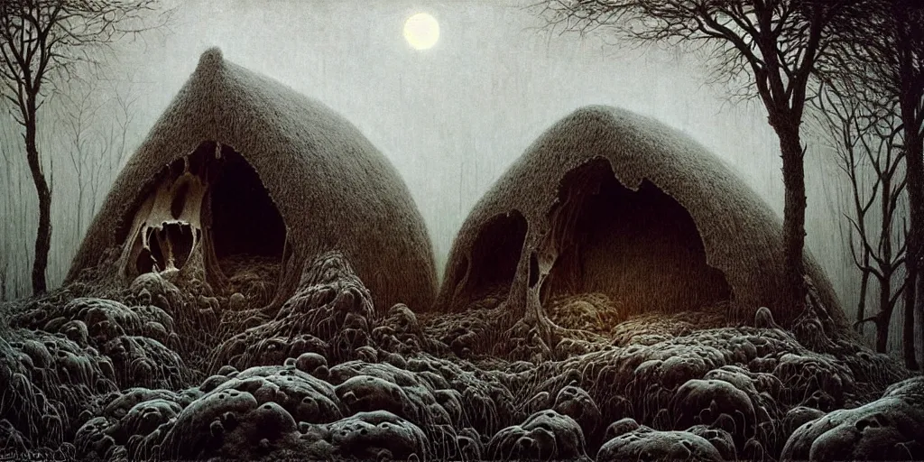 Image similar to cozy hut made out of a giant moose skull, Zdzislaw Beksinski, Wayne Barlowe, gothic, cosmic horror, dystopian, biomorphic, lovecraftian, amazing details, cold hue's