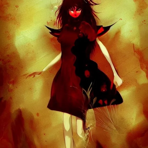 Prompt: the fall of a super confused demon girl in hell with a dark red dress!! full dressed!!, oppressive amotsphere with many shadows, blood and dark red highlights, concept fullbody horror art by aleksandra waliszewska and aoi ogata