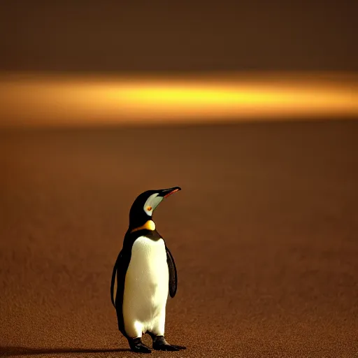 Prompt: Penguin finding the meaning of life, dramatic lighting, cinematic shot, dust, 4k