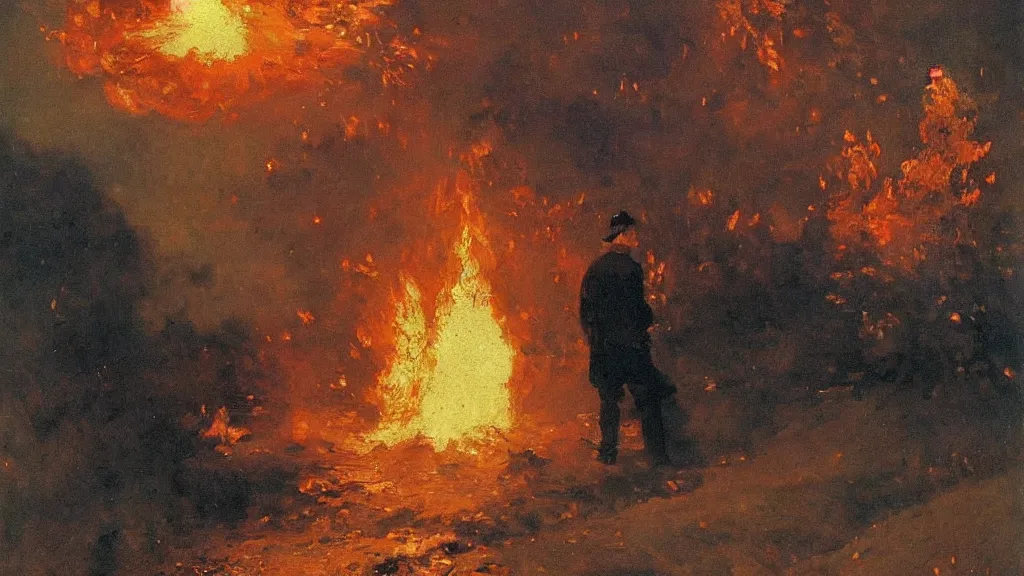 Image similar to high quality high detail painting by ilya repin, man standing in front of huge explosion, fire, flames, wind, hd