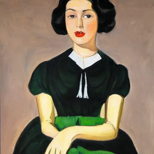 Image similar to a portrait of a young woman from the fifties, seated in front of a landscape background, her black hair is a long curly, she wears a dark green dress, pleated in the front with yellow sleeves, puts her right hand on her left hand, oil painting