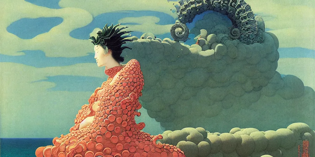 Image similar to portrait of the ammonite sorceress clad in coral armor exacts revenge, by kawase hasui, dorothea tanning, moebius, edward hopper and james gilleard, aivazovsky, zdzislaw beksinski, steven outram colorful flat surreal design