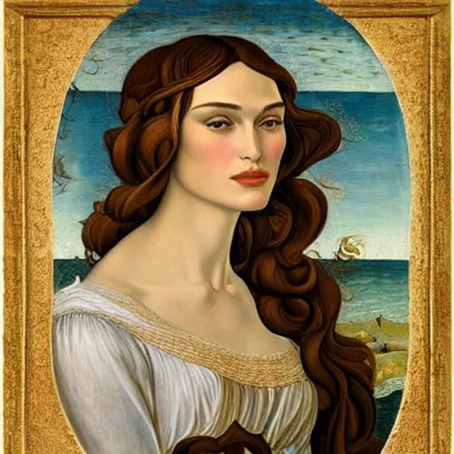 Image similar to Portrait of Keira Knightley as Venus in the painting The Birth of Venus, by Sandro Botticelli, Tempera on canvas, Clamshell