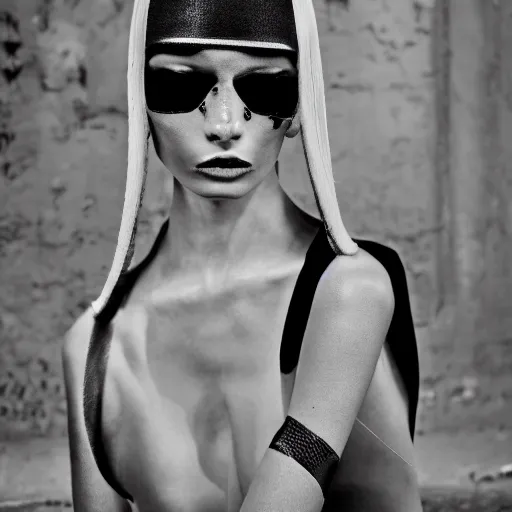 Image similar to fashion photography of an extraterrestrial model, wearing futuristic hip - hop fashion, inside berghain, berlin fashion, photo 3 5 mm leica, hyperdetail, 8 k, very detailed, black and white