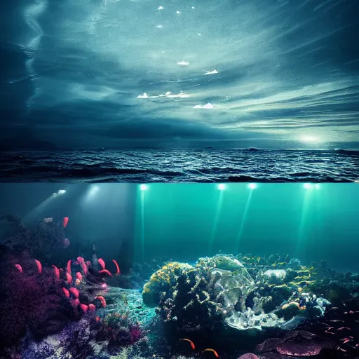 Image similar to ocean floor, landscape, night, glow in dark, by wlop, cinematic, wildlife photography, dark, light rays