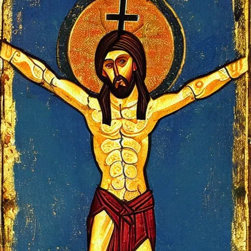 Image similar to crucified goat, orthodox icon style, occult symbols, byzantine art