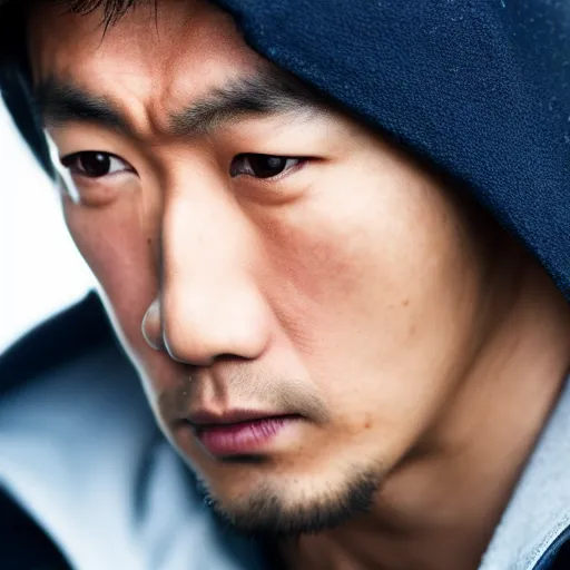 Image similar to a close up photographic portrait of a handsome asian actor looking worried taken by annie leibowitz in the rain. cinematic lighting, blue background colour, 5 0 mm, subsurface scatter.