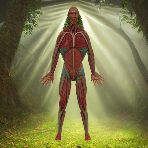 Image similar to realistic human made of muscles, flesh, plants and mushrooms, in the middle of a mysterious forest, god rays