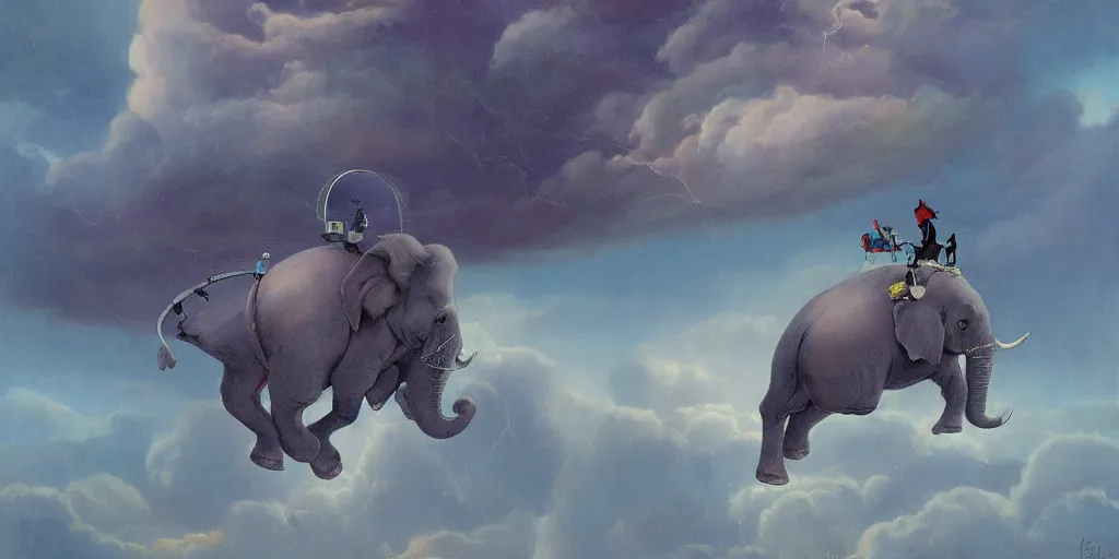 Prompt: a single purple elephant flying in the air like dumbo during a storm with lightning and an iridescent portal above, viewpoint from the ground looking up, illustration, detailed, smooth, soft, cold, by Adolf Lachman, Shaun Tan, Surrealism