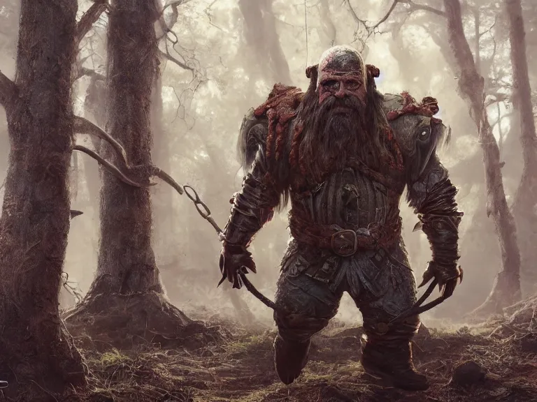 Image similar to Scaredy Cat Dwarf Ranger trips while running through Haunted Swamp, RPG Portrait Reference, Oil Painting, Trending on Artstation, octane render, Insanely Detailed, 8k, HD