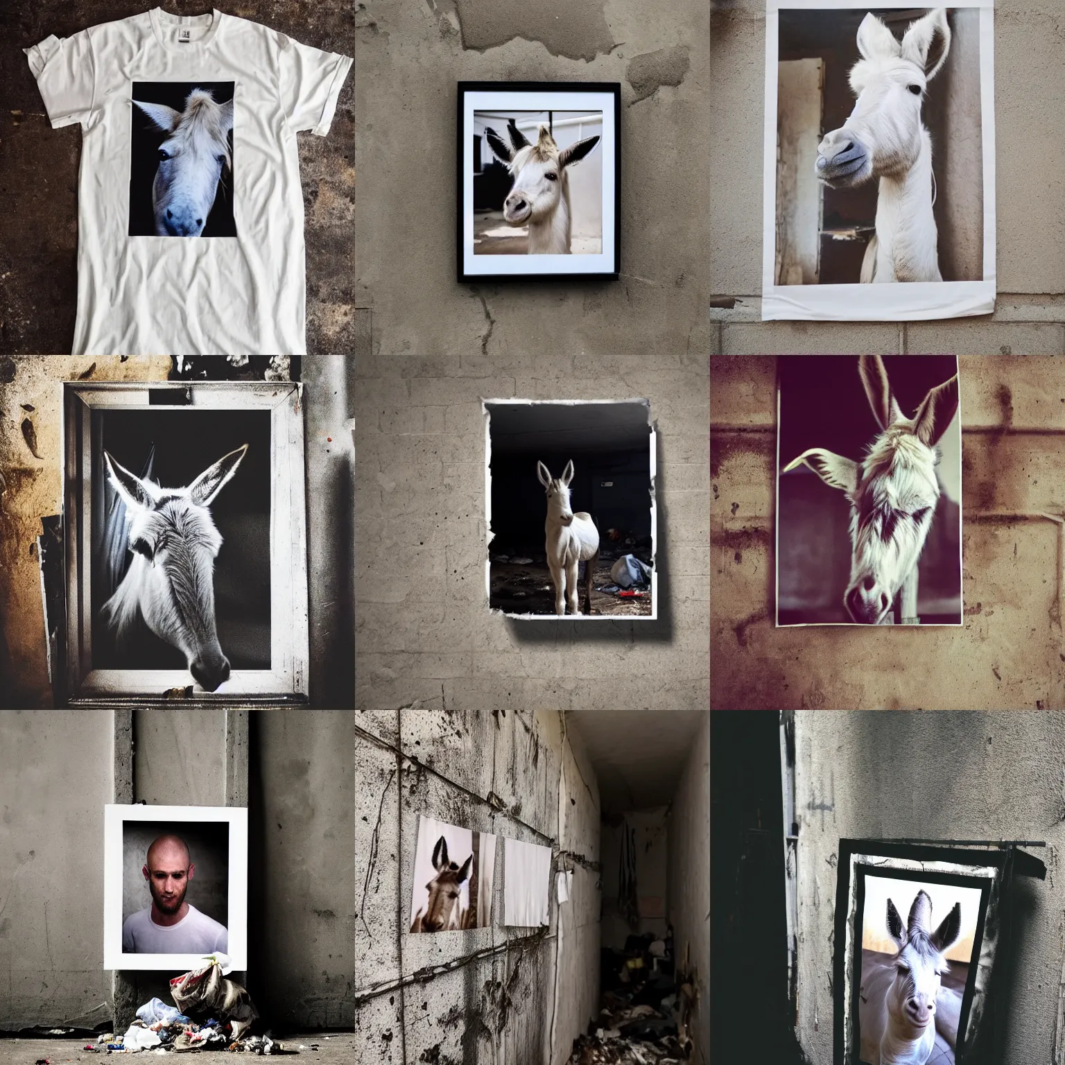 Prompt: photo of a ripped, filthy dirty off-white t-shirt with the picture of a pale donkey on it, hanging on a dirty concrete wall in a dark room with the floor covered in trash and garbage. Flash photo. Cursed image.