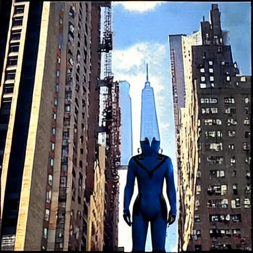 Image similar to giant ultraman walking on new york building!, post apocalyptic, cinematic,