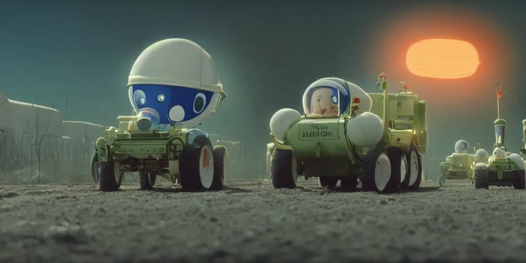 Prompt: cute cartoon little tractor pulling away the russian tank, still from film 2 0 0 1 a space odyssey, wes anderson, cinematic, goro fujita, chiho aoshima, beeple, trending on artstation, highly detailed, scene from a movie, soft lighting, 8 k